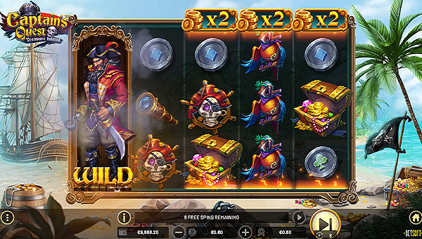 Gameplay de la machine à sous Captain's Quest - Treasure Island, un jeu Betsoft Gaming